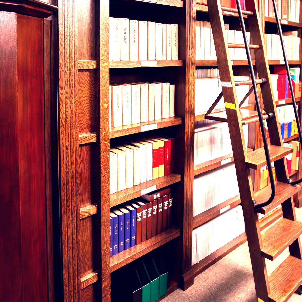 A law library aisle with a ladder.